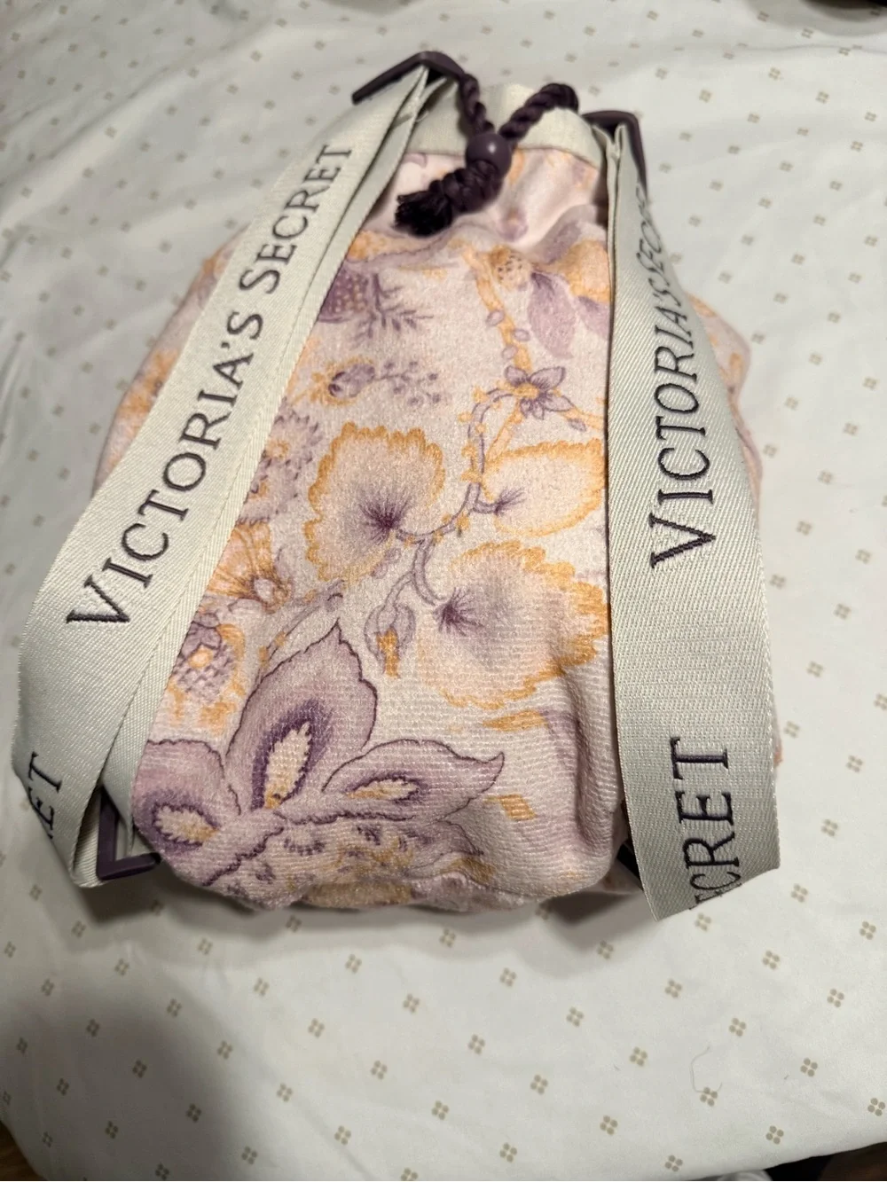 Victoria's Secret Pink & Lavender Floral Drawstring Pouch with Branded Ribbon